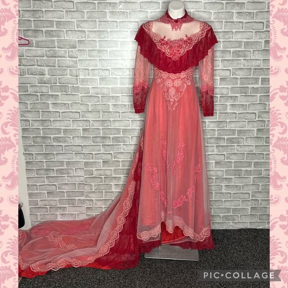 Vintage 70s Alfred Angelo Victorian illusion lace ruffle pink red wedding dress - Picture 13 of 16